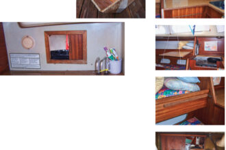The trash door on the Allports’ Albin Ballad is handy to the galley and its mini sink, at left. Clockwise from top left on the facing page are Tony’s permafrost mold, the galley countertop in place, then suspended above the starboard settee next to the stove to provide workspace while the stove is in use, the batten above the starboard berth the countertop rests on, and the trash receptacle in the cockpit locker.