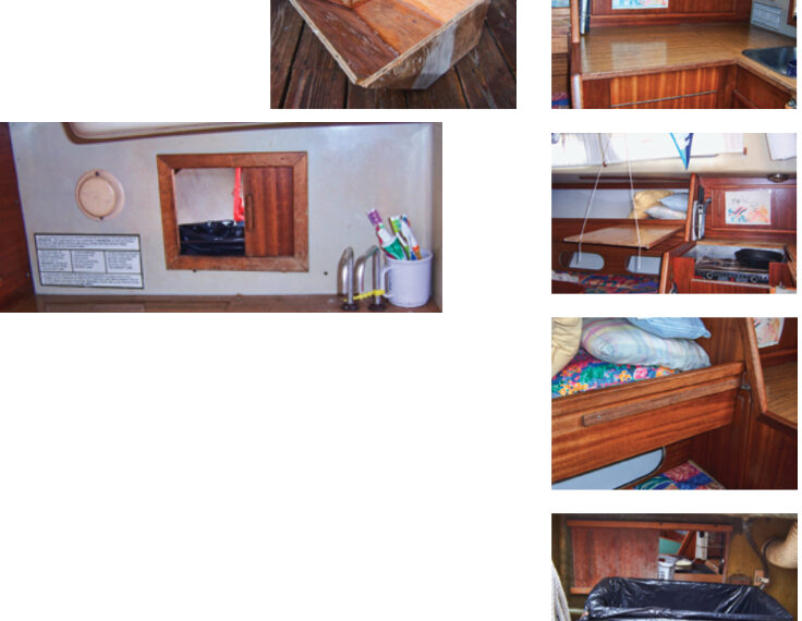The trash door on the Allports’ Albin Ballad is handy to the galley and its mini sink, at left. Clockwise from top left on the facing page are Tony’s permafrost mold, the galley countertop in place, then suspended above the starboard settee next to the stove to provide workspace while the stove is in use, the batten above the starboard berth the countertop rests on, and the trash receptacle in the cockpit locker.