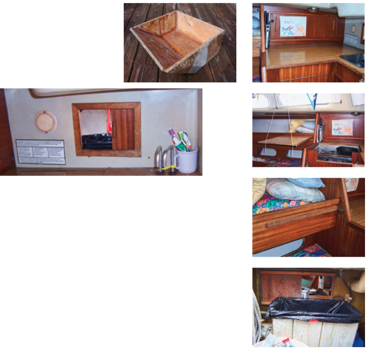 The trash door on the Allports’ Albin Ballad is handy to the galley and its mini sink, at left. Clockwise from top left on the facing page are Tony’s permafrost mold, the galley countertop in place, then suspended above the starboard settee next to the stove to provide workspace while the stove is in use, the batten above the starboard berth the countertop rests on, and the trash receptacle in the cockpit locker.