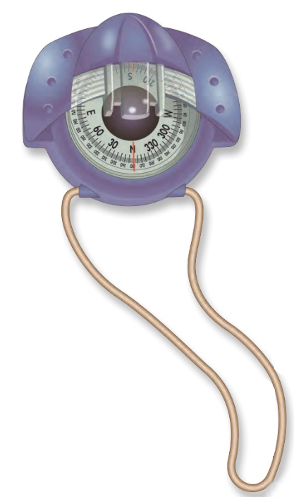 The hockey-puck type of hand-bearing compass is held up close to the eye. The outer numerals are printed in mirror-image so they appear normal when viewed through the prism above the compass card.