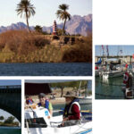 A Montomery sails past one of the fanciful, though seriously functional, lighthouses that dot the shores of Arizona’s Lake Havasu, above. Participants in the Havasu Pocket Cruisers Convention enjoy the camaraderie around the boats assembled for the boat show, at right top; the spectacle of the parade of sail under the London Bridge, at right; and the sailing itself, at far right.