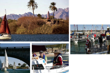 A Montomery sails past one of the fanciful, though seriously functional, lighthouses that dot the shores of Arizona’s Lake Havasu, above. Participants in the Havasu Pocket Cruisers Convention enjoy the camaraderie around the boats assembled for the boat show, at right top; the spectacle of the parade of sail under the London Bridge, at right; and the sailing itself, at far right.