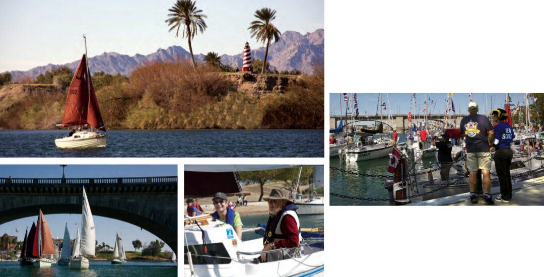 A Montomery sails past one of the fanciful, though seriously functional, lighthouses that dot the shores of Arizona’s Lake Havasu, above. Participants in the Havasu Pocket Cruisers Convention enjoy the camaraderie around the boats assembled for the boat show, at right top; the spectacle of the parade of sail under the London Bridge, at right; and the sailing itself, at far right.