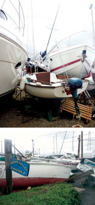 In the Viking yard, above, several powerboats and smaller sailboats floated off their cradles and jack stands and came to rest where the wind blew them — unfortunately, on top of their rudders and propellers. The yard next door presented a similar picture, below.
