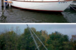 Clenn’s preparations paid off. After the storm, Windigo above, looked remarkably unscathed despite the wild ride she must have had — the water rose to within a foot of the top of the piling off her quarter. The 50-foot sloop that had been tied to a long finger dock wasn’t so fortunate, below.