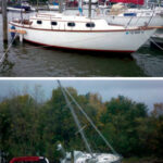 Clenn’s preparations paid off. After the storm, Windigo above, looked remarkably unscathed despite the wild ride she must have had — the water rose to within a foot of the top of the piling off her quarter. The 50-foot sloop that had been tied to a long finger dock wasn’t so fortunate, below.