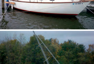 Clenn’s preparations paid off. After the storm, Windigo above, looked remarkably unscathed despite the wild ride she must have had — the water rose to within a foot of the top of the piling off her quarter. The 50-foot sloop that had been tied to a long finger dock wasn’t so fortunate, below.