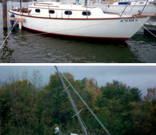 Clenn’s preparations paid off. After the storm, Windigo above, looked remarkably unscathed despite the wild ride she must have had — the water rose to within a foot of the top of the piling off her quarter. The 50-foot sloop that had been tied to a long finger dock wasn’t so fortunate, below.