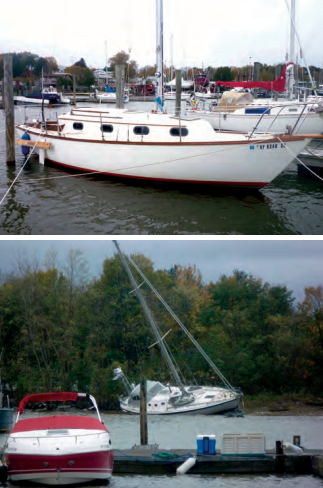 Clenn’s preparations paid off. After the storm, Windigo above, looked remarkably unscathed despite the wild ride she must have had — the water rose to within a foot of the top of the piling off her quarter. The 50-foot sloop that had been tied to a long finger dock wasn’t so fortunate, below.