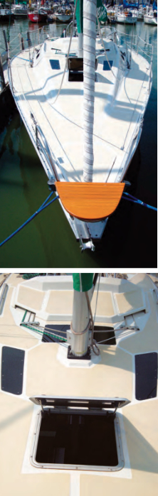 With the shrouds and jibsheet tracks inboard, the wide sidedecks are easy to negotiate, above. Considerable thought went into the deck tooling, below. In addition to the hatch, note the three skylights (called deadlights in the old days), covers over part of the aft-led running rigging, and the carefully delineated non-skid areas.