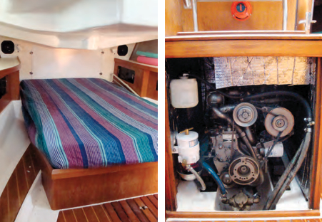 The owner’s stateroom, at left, is aft, under the cockpit, and has limited headroom. The centerline double berth, with access from either side, is luxurious in port but would require lee cloths for comfort under way. there is access to the 34-hp yanmar diesel engine from all sides, at right.