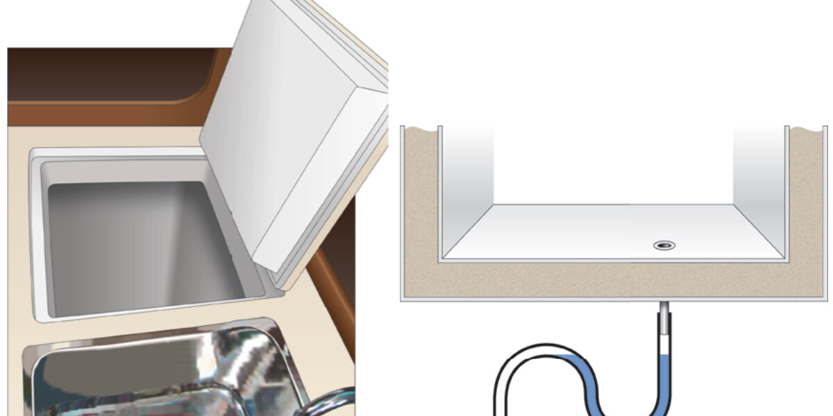 A top-loading icebox, on facing page, is easier to keep cool than a front-loading box. A water trap, at right, prevents cold air from escaping through the ice-melt drain.