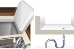 A top-loading icebox, on facing page, is easier to keep cool than a front-loading box. A water trap, at right, prevents cold air from escaping through the ice-melt drain.