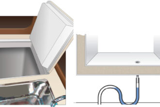 A top-loading icebox, on facing page, is easier to keep cool than a front-loading box. A water trap, at right, prevents cold air from escaping through the ice-melt drain.