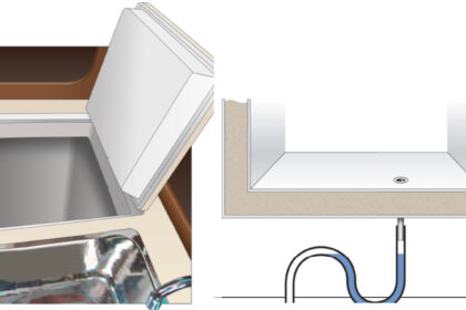 A top-loading icebox, on facing page, is easier to keep cool than a front-loading box. A water trap, at right, prevents cold air from escaping through the ice-melt drain.