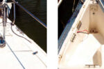 By cutting the anchor-locker lid into sections, Clarence was able to install the windlass and still have access to the locker, at left. Note that he backs up the windlass lock with a safety line through the chain. The anchor locker exposed, at right, shows the wiring and the mounting hinges for the windlass pad installed on both sides.