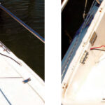 By cutting the anchor-locker lid into sections, Clarence was able to install the windlass and still have access to the locker, at left. Note that he backs up the windlass lock with a safety line through the chain. The anchor locker exposed, at right, shows the wiring and the mounting hinges for the windlass pad installed on both sides.
