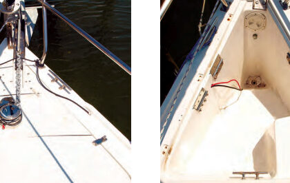 By cutting the anchor-locker lid into sections, Clarence was able to install the windlass and still have access to the locker, at left. Note that he backs up the windlass lock with a safety line through the chain. The anchor locker exposed, at right, shows the wiring and the mounting hinges for the windlass pad installed on both sides.