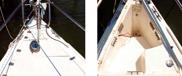 By cutting the anchor-locker lid into sections, Clarence was able to install the windlass and still have access to the locker, at left. Note that he backs up the windlass lock with a safety line through the chain. The anchor locker exposed, at right, shows the wiring and the mounting hinges for the windlass pad installed on both sides.