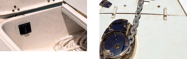Clarence put the windlass master switch in the anchor locker, above. Note the hatch latches, at right.