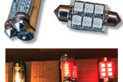 To increase the arc of emitted light and make it brighter, Clarence originally glued and wired together two LED festoons, above left. His new panel of six very bright LEDs on a festoon base, above right, emits light through a 120-degree arc and is much brighter than the original two festoons with a total of 18 smaller LEDs. The difference in brightness is quite apparent, below, when comparing the original 10-watt incandescent bulb (left), two festoons with 18 LEDs (center), and the new LED panel with six LEDs (right).