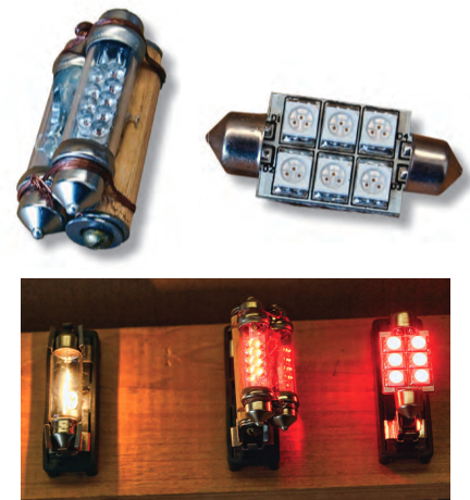 To increase the arc of emitted light and make it brighter, Clarence originally glued and wired together two LED festoons, above left. His new panel of six very bright LEDs on a festoon base, above right, emits light through a 120-degree arc and is much brighter than the original two festoons with a total of 18 smaller LEDs. The difference in brightness is quite apparent, below, when comparing the original 10-watt incandescent bulb (left), two festoons with 18 LEDs (center), and the new LED panel with six LEDs (right).