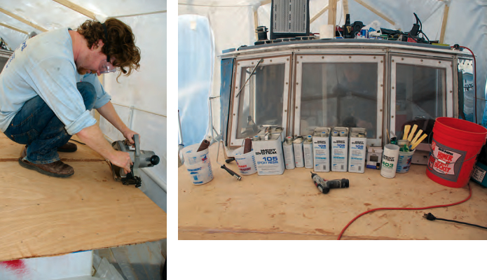 Matt is nothing if not hands-on, at left. After acquiring the boat (which he named Ault after the ship his grandfather served on in WWII), Matt sailed her from Florida to Annapolis, where he set about making her seaworthy enough to spend months at a time collecting data in the middle of the North Atlantic Ocean. The epoxy cans on the new deck, above, are a measure of the work ahead of him.
