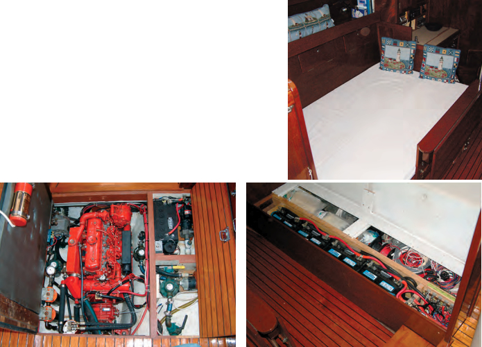 Floyd made the port saloon settee convertible into a double berth, at right. Raising the seat heights let him fit batteries under the starboard settee, bottom right. The engine is under the galley sole, bottom left.