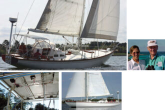 Spirit, at left, a Mercer 44, shows off the flush deck typical of Bill Tripp’s designs of the 1960s. In the years they have owned her, Floyd and Ellen Hollister, at right, have wrought many upgrades. The “solar Bimini,” bottom left, is one. It does not detract from Spirit’’s fine lines, bottom right.