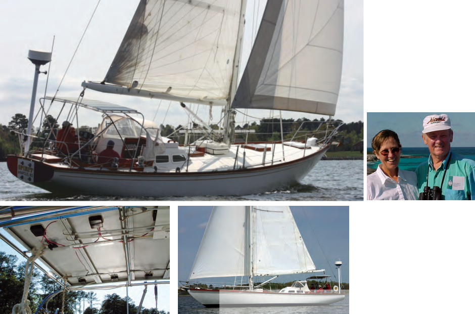 Spirit, at left, a Mercer 44, shows off the flush deck typical of Bill Tripp’s designs of the 1960s. In the years they have owned her, Floyd and Ellen Hollister, at right, have wrought many upgrades. The “solar Bimini,” bottom left, is one. It does not detract from Spirit’’s fine lines, bottom right.