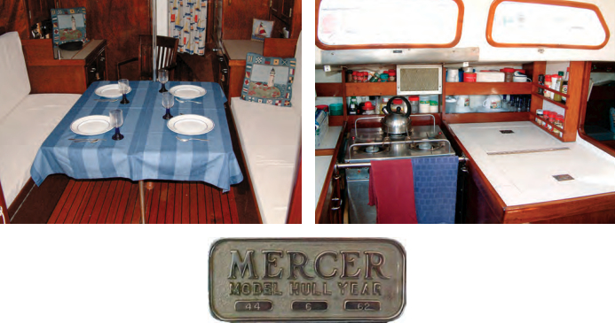 With its centerline drop-leaf table and straight settees, at left, the Mercer 44’s layout is typical of its era . . . and very practical. The galley, at right, is on a raised area of cabin sole that gives the cook lots of light and a view outside the boat. Its u shape and safety bar make it a real seagoing galley. Back in the day, boatbuilders fitted builder’s plates that would outlast any boat, below.