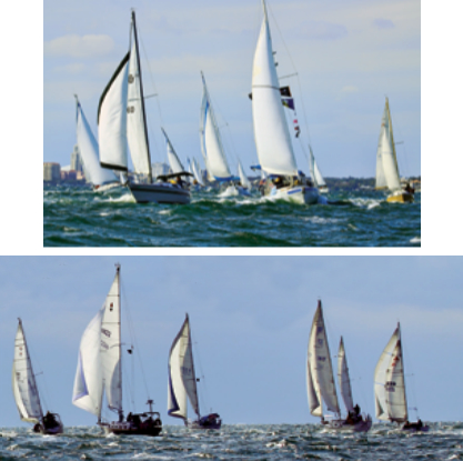 The fleet approaches the windward mark, above, and reaches for the downwind mark, below.