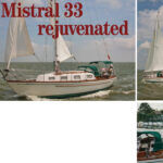 On choppy Galveston Bay, Vera May, a Mistral 33, struts her stuff for the cameras, facing page and at right. (The photo chase boat was Amelie, an Island Packet 29 owned and skippered by Nancy Ballard.) Her owner, Stephen Thompson, demonstrates the sail basket he designed and made to fit around the roller-reefing boom, below.