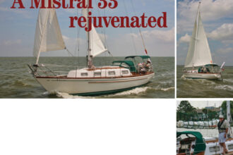 On choppy Galveston Bay, Vera May, a Mistral 33, struts her stuff for the cameras, facing page and at right. (The photo chase boat was Amelie, an Island Packet 29 owned and skippered by Nancy Ballard.) Her owner, Stephen Thompson, demonstrates the sail basket he designed and made to fit around the roller-reefing boom, below.