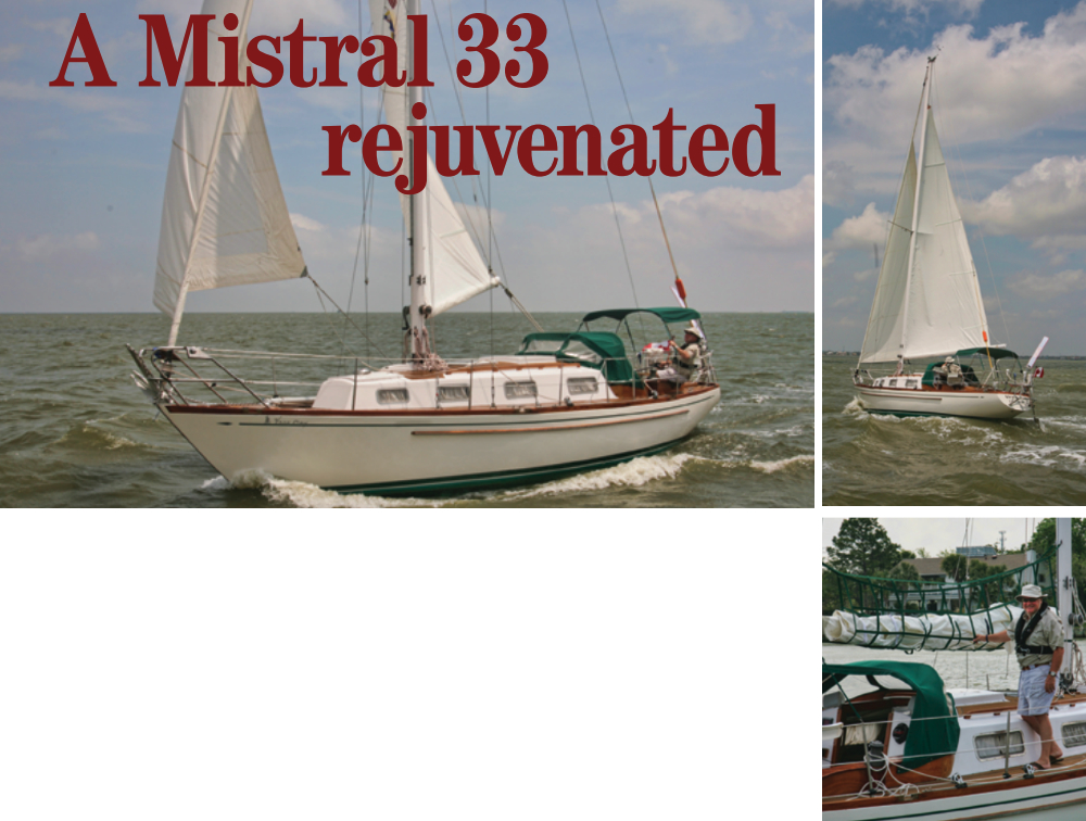 On choppy Galveston Bay, Vera May, a Mistral 33, struts her stuff for the cameras, facing page and at right. (The photo chase boat was Amelie, an Island Packet 29 owned and skippered by Nancy Ballard.) Her owner, Stephen Thompson, demonstrates the sail basket he designed and made to fit around the roller-reefing boom, below.