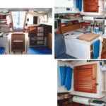 When Bruce acquired Nikki her galley was functional for weekending, below. On the starboard side, at right, he rebuilt the icebox and utilized dead spaces for storage. He even converted a molded box that once housed instruments into a condiment locker, bottom right.