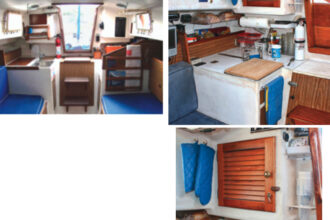 When Bruce acquired Nikki her galley was functional for weekending, below. On the starboard side, at right, he rebuilt the icebox and utilized dead spaces for storage. He even converted a molded box that once housed instruments into a condiment locker, bottom right.