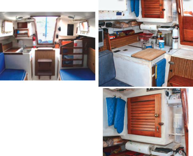 When Bruce acquired Nikki her galley was functional for weekending, below. On the starboard side, at right, he rebuilt the icebox and utilized dead spaces for storage. He even converted a molded box that once housed instruments into a condiment locker, bottom right.