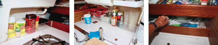 On both sides of the galley, Bruce fenced off counter space to hold items he uses often, by the stove, at left, and near the sink, center. A removable fiddle extension, at right, keeps utensils from jumping out when the boat is sailing hard.