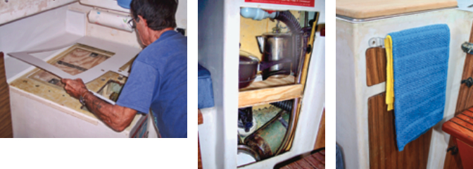 Bruce laid new Formica on his countertop, above. He fitted a shelf in the front to hold pots and pans, at right, and a space-saving towel rack on the face, at far right.