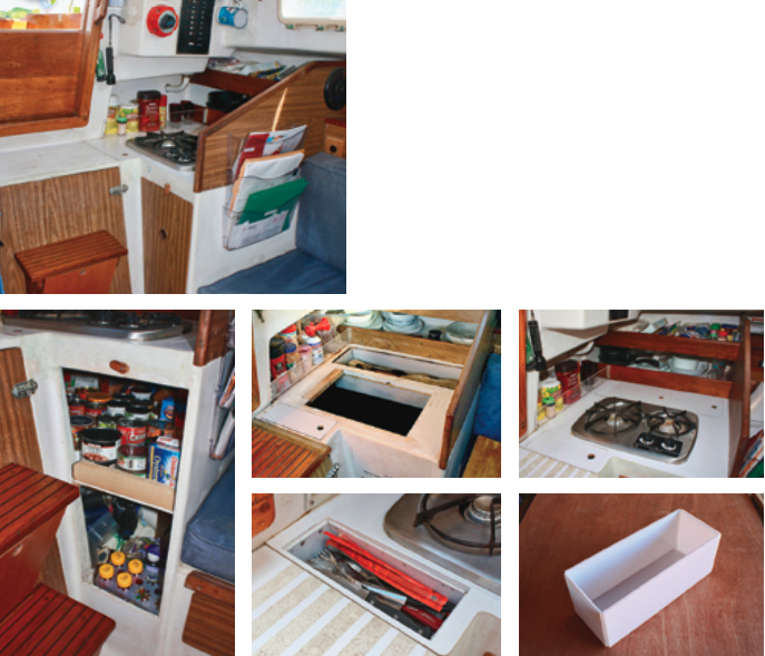 Bruce’s improvements to the port side of the galley, above, included gaining access to the “cavern” under the counter, below left, fitting a new LPG stove, upper right below, and making polycarbonate bins for utensils and other odds and ends, lower right below.