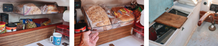 In the unused space above the galley storage, Bruce fitted a fiddled shelf, at left, that hinges down to give access to its contents, center. His cutting board fits over the galley sink and doubles as a seat that lets him face forward while steering, at right