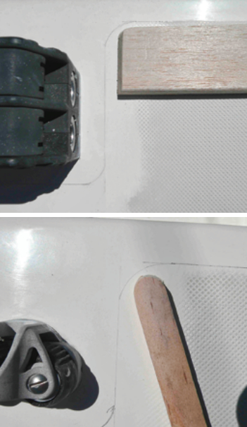 Stephen made special sanding blocks so he could work right up against hardware items that stayed in place, above. Another sanding block let him sand down the old non-skid up to the pencil lines, below.