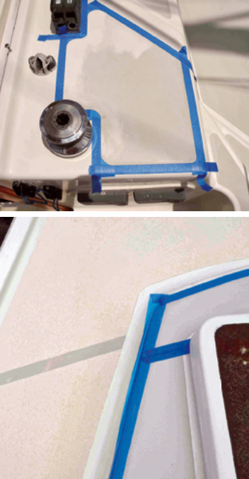 The borders have been painted and the tape laid out to mark the areas to receive KiwiGrip, above. Stephen divided large areas into more manageable smaller sections, below.
