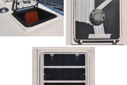 Bill was looking for clarity and he found it when he fitted his old Bomar hatch with a new clear Lexan lens, at top on facing page. The old lens had gradually become crazed and opaque, but when it showed cracks, at bottom on facing page, it was time for action. In the process, Bill repainted the frame, at left, so the ensemble looks brand-new.