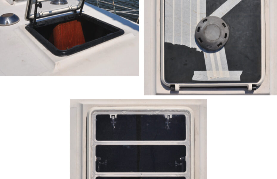 Bill was looking for clarity and he found it when he fitted his old Bomar hatch with a new clear Lexan lens, at top on facing page. The old lens had gradually become crazed and opaque, but when it showed cracks, at bottom on facing page, it was time for action. In the process, Bill repainted the frame, at left, so the ensemble looks brand-new.