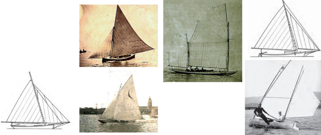 The Bermudian sloop, bottom left facing page, was an early adopter of the leg 'o mutton mainsail, as was the Chesapeake Bay skipjack, above. North American raceboats achieved a similar shape with a sliding gunter, upper right facing page. In 1890, the Jarvis-designed Thistledown first had a lug rig, bottom right facing page. and later a batwing sliding-gunter rig, at left, modeled on a sailing-canoe rigs. Canoes themselves tried many configurations ant bottom.