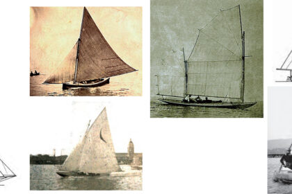 The Bermudian sloop, bottom left facing page, was an early adopter of the leg 'o mutton mainsail, as was the Chesapeake Bay skipjack, above. North American raceboats achieved a similar shape with a sliding gunter, upper right facing page. In 1890, the Jarvis-designed Thistledown first had a lug rig, bottom right facing page. and later a batwing sliding-gunter rig, at left, modeled on a sailing-canoe rigs. Canoes themselves tried many configurations ant bottom.