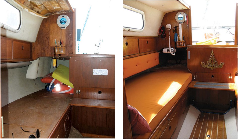 A “before” view of the starboard side of the main cabin, at left, shows the liner missing from the overhead and the water-stained and patched-up teak bulkhead. The same view after the work was completed, at right, shows the new overhead, fresh varnish, Nu-Teak decking on the sole, new cushions, and Ken’s old brass clinometer.