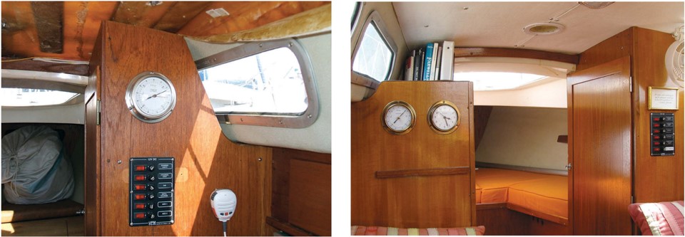 A view of the starboard side shows the former sad state of the overhead liner and the bulkhead, at left. A similar view after Ken completed the work, at right, shows the new teak veneer covering the blemishes on the bulkhead and fresh varnish elsewhere. The new overhead is in place, fastened to fore-and-aft stringers with screws and trim washers, and Ken’s clock and barometer from a previous boat adorn the port bulkhead.